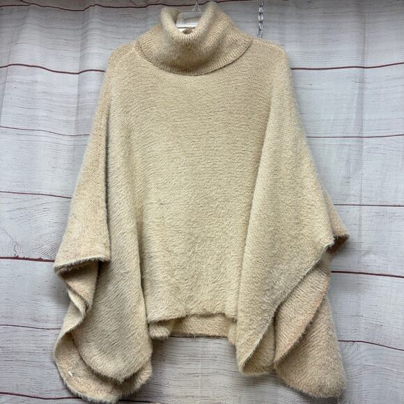 Anthropologie Sleeping on Snow Metallic Poncho Turtleneck Sweater Cream Gold O/S - Picture 1 of 6
